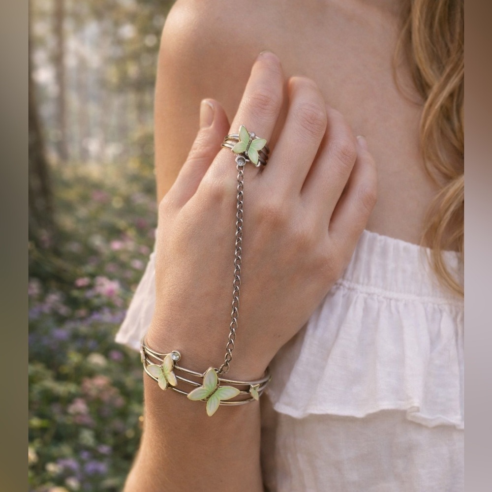 Vintage Butterfly Cuff Bracelet & Ring Set | Silver Tone Boho Fairycore Jewelry